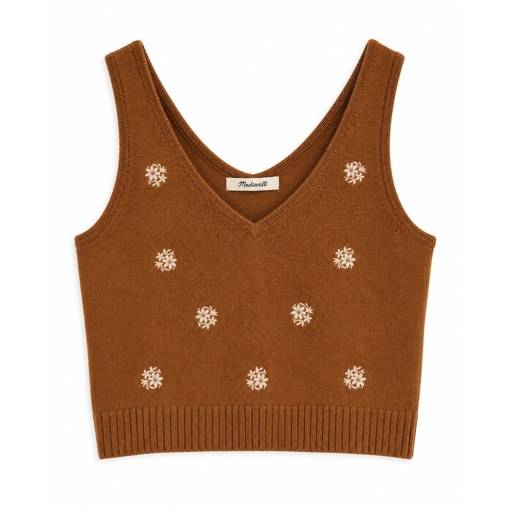 Madewell Sweater Vest S Brown Floral Embroidered V-Neck Wool Blend Cropped Boho